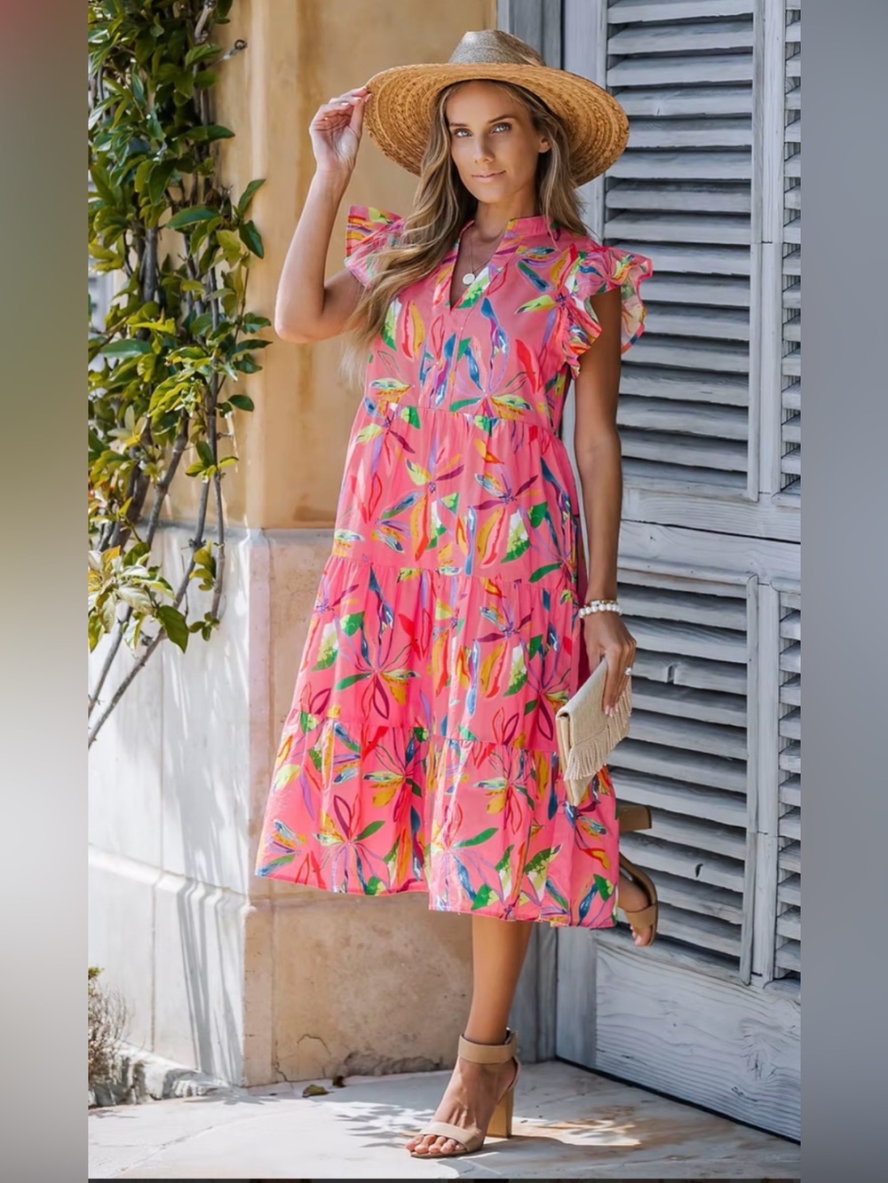 Bright Pink Floral Tiered Midi Dress with Flutter Sleeves